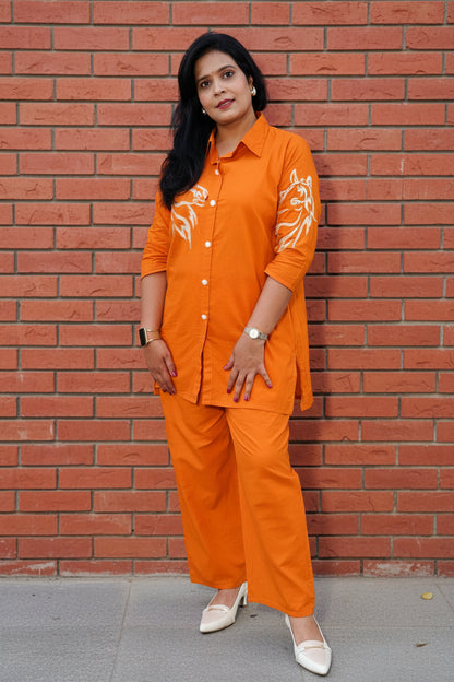 Orange Embroidered Cotton Shirt Co-Ord Set