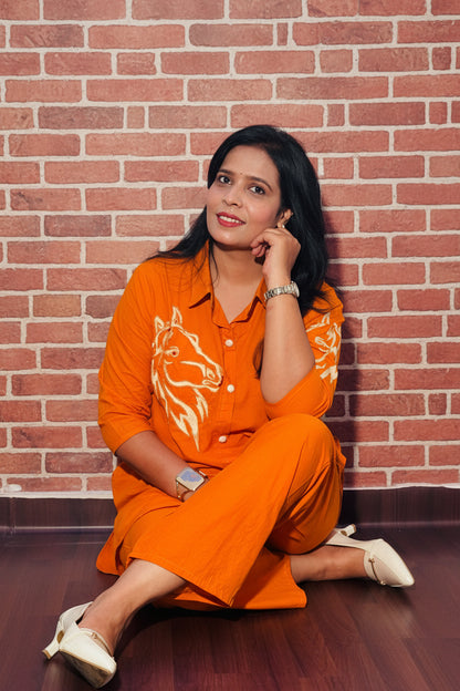 Orange Embroidered Cotton Shirt Co-Ord Set