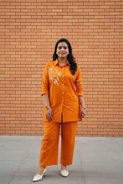 Orange Embroidered Cotton Shirt Co-Ord Set
