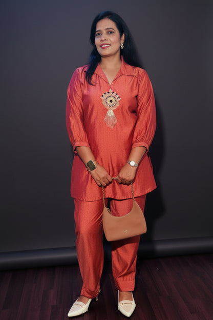 Rust Embroidered Shirt with Palazzo Co-Ord Set