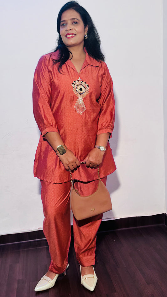 RUST ORANGE EMBROIDERED SHIRT WITH PALAZZO CO-ORDS