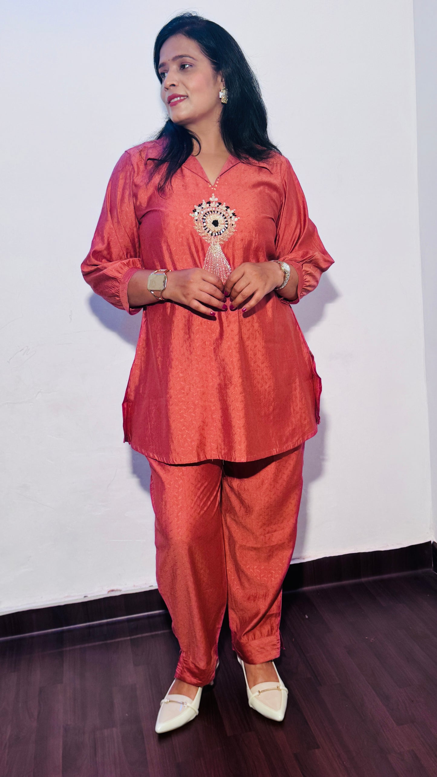 RUST ORANGE EMBROIDERED SHIRT WITH PALAZZO CO-ORDS