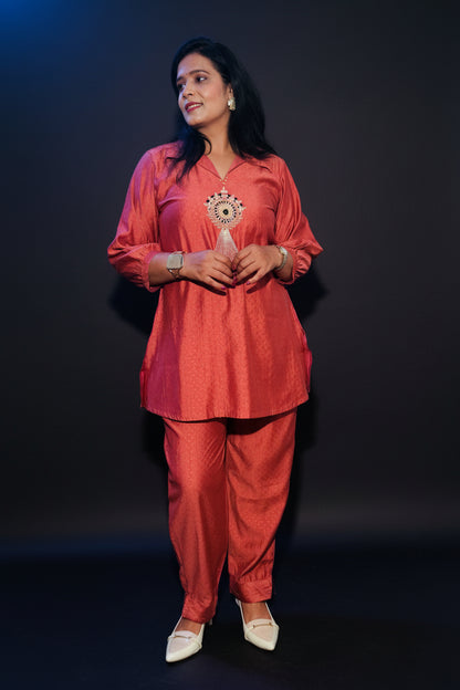 Rust Embroidered Shirt with Palazzo Co-Ord Set