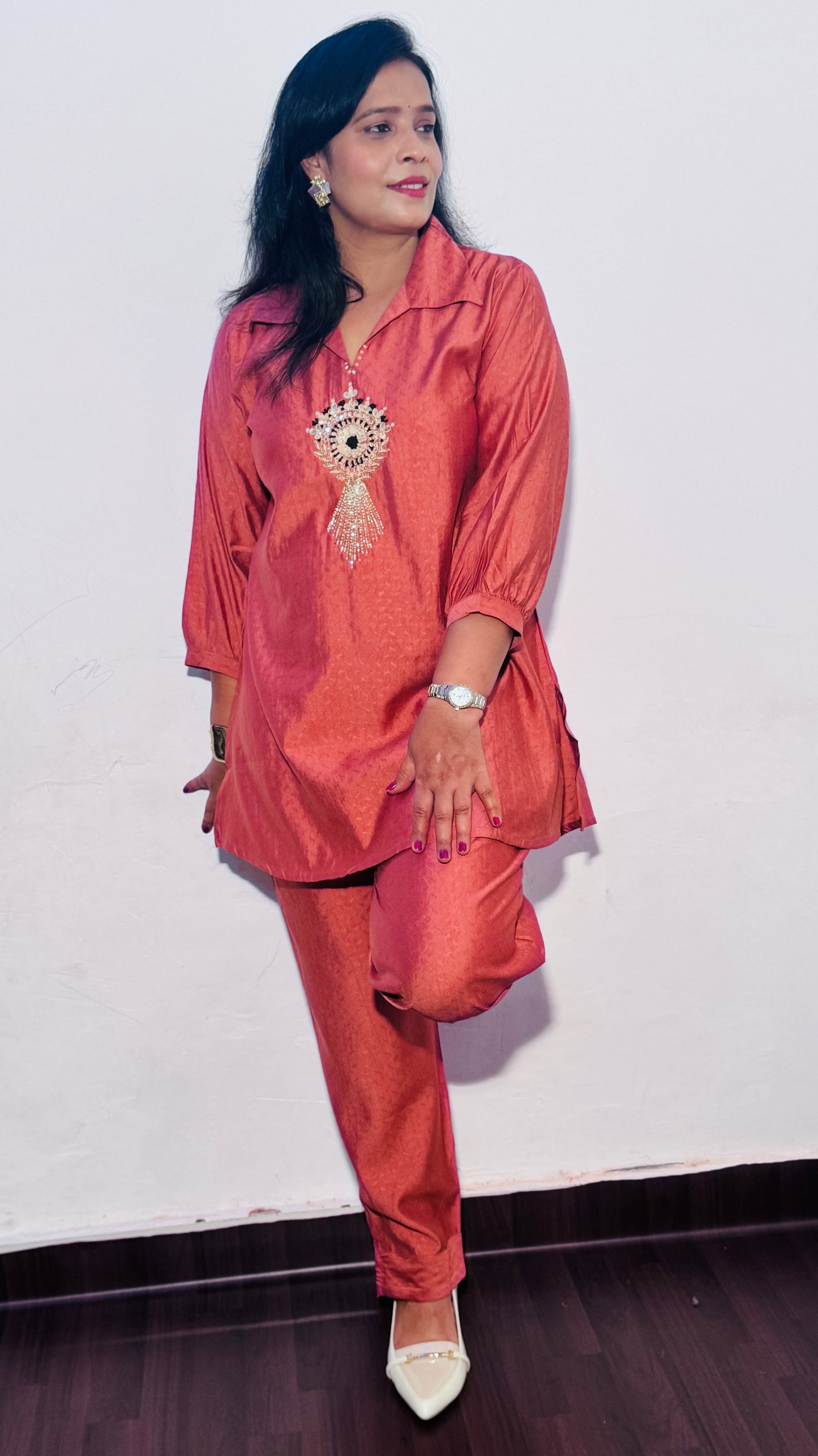 RUST ORANGE EMBROIDERED SHIRT WITH PALAZZO CO-ORDS