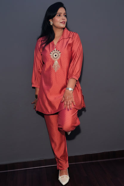 Rust Embroidered Shirt with Palazzo Co-Ord Set