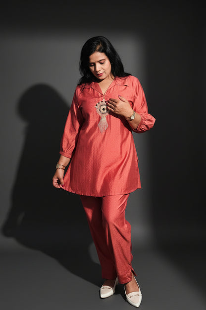 Rust Embroidered Shirt with Palazzo Co-Ord Set
