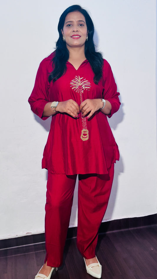 MAROON EMBROIDERED PLAM TREE CO-ORD SET