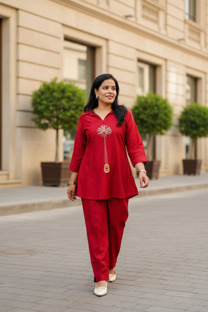 Maroon Palm Tree Embroidered Co-Ord Set