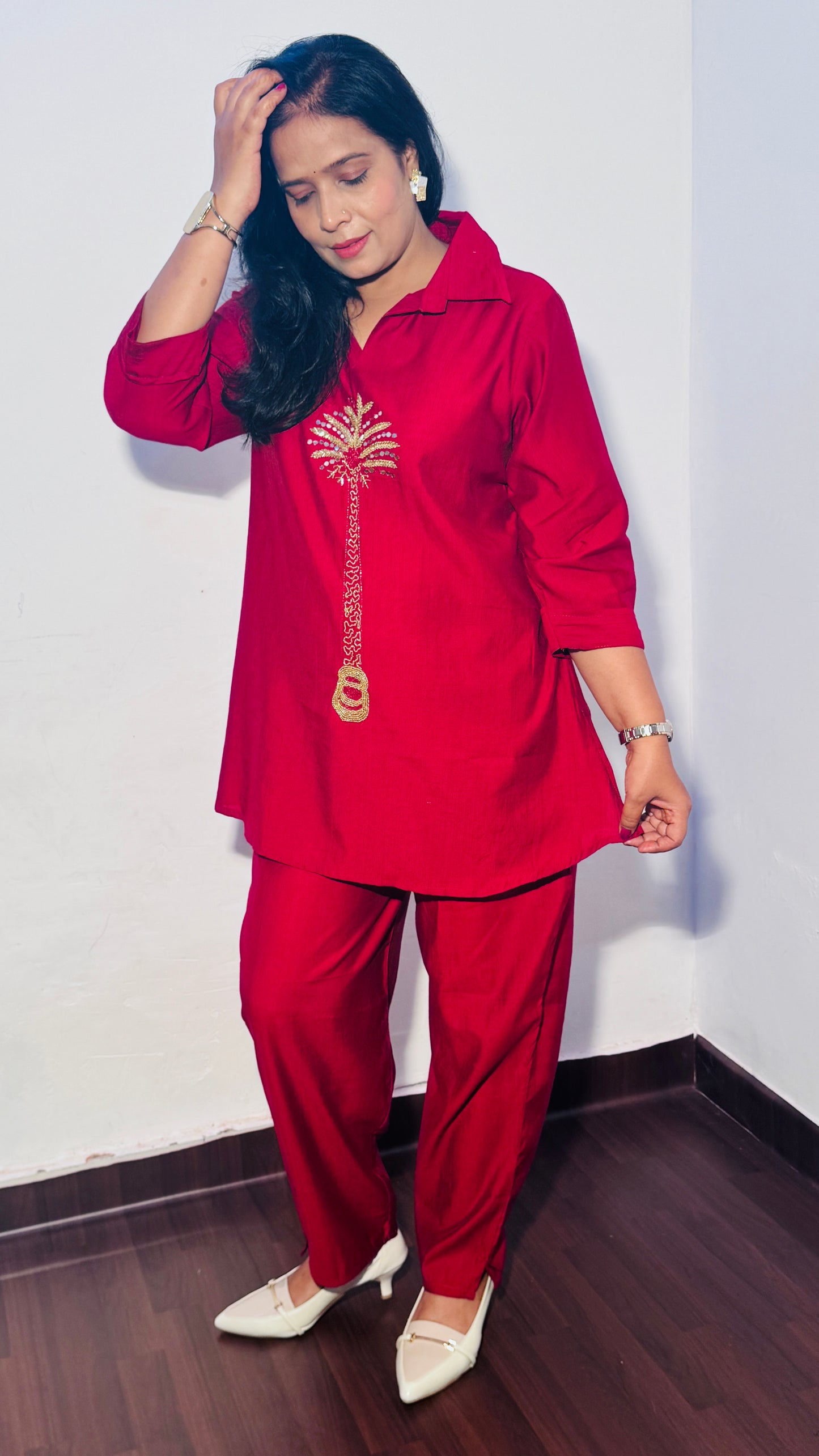 MAROON EMBROIDERED PLAM TREE CO-ORD SET