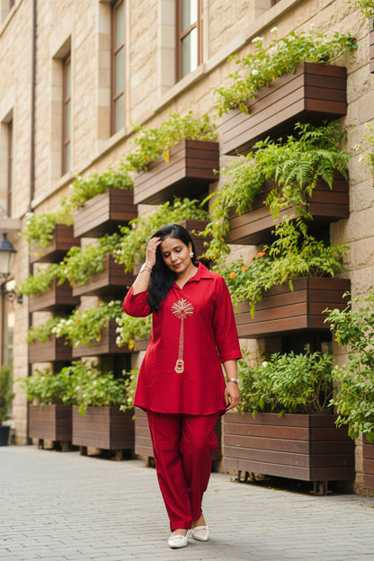 Maroon Palm Tree Embroidered Co-Ord Set