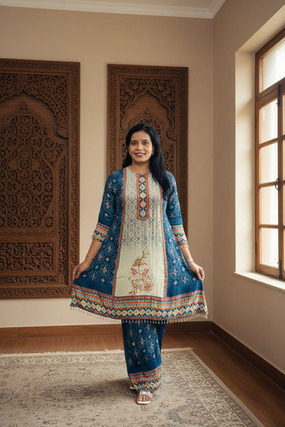 Blue Embroidered Natural Crepe Palazzo Suit Set