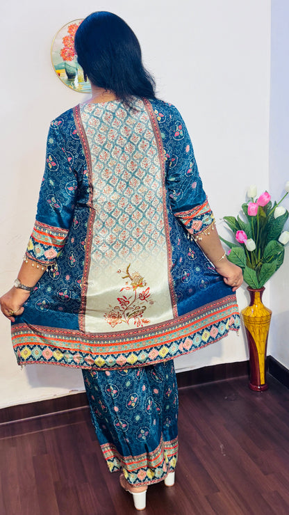 Blue Embroidered Natural Crepe Palazzo Suit Set