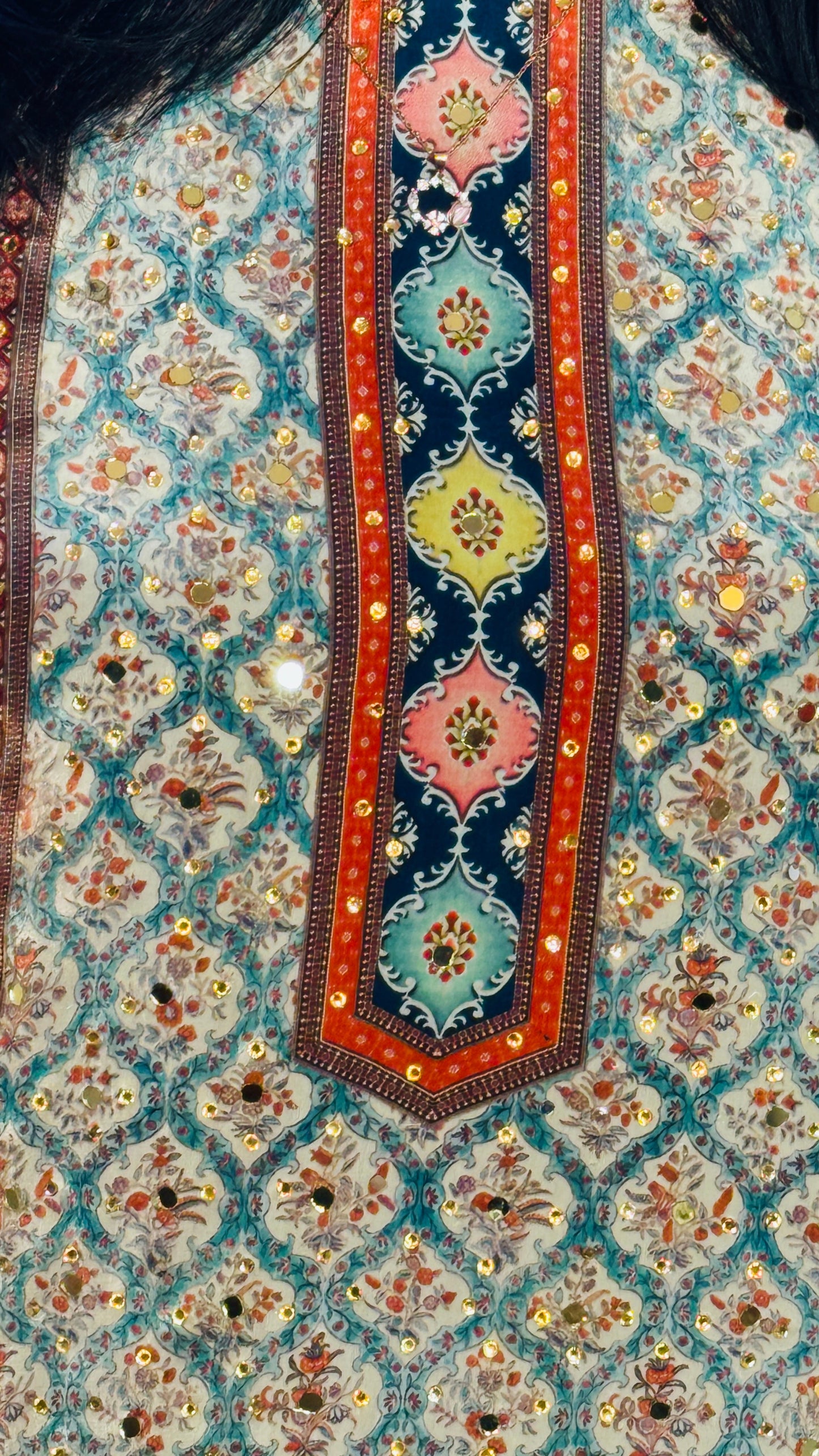 EMBROIDERED NATURAL CREPE  BLUE PALAZZO SUIT SET