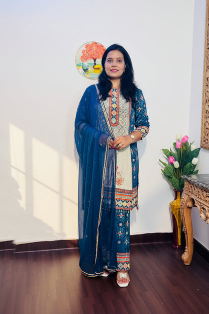 Blue Embroidered Natural Crepe Palazzo Suit Set