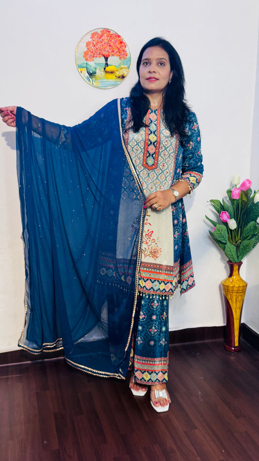 EMBROIDERED NATURAL CREPE  BLUE PALAZZO SUIT SET