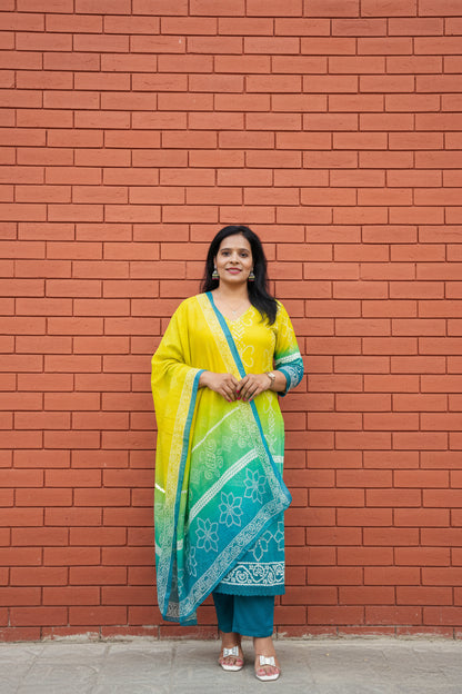 Yellow & Blue Ombre Viscose Rayon Suit Set