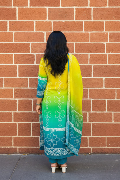 Yellow & Blue Ombre Viscose Rayon Suit Set
