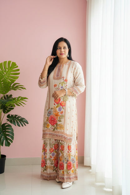 Warm Ivory Butter Crepe Flared Palazzo Suit Set