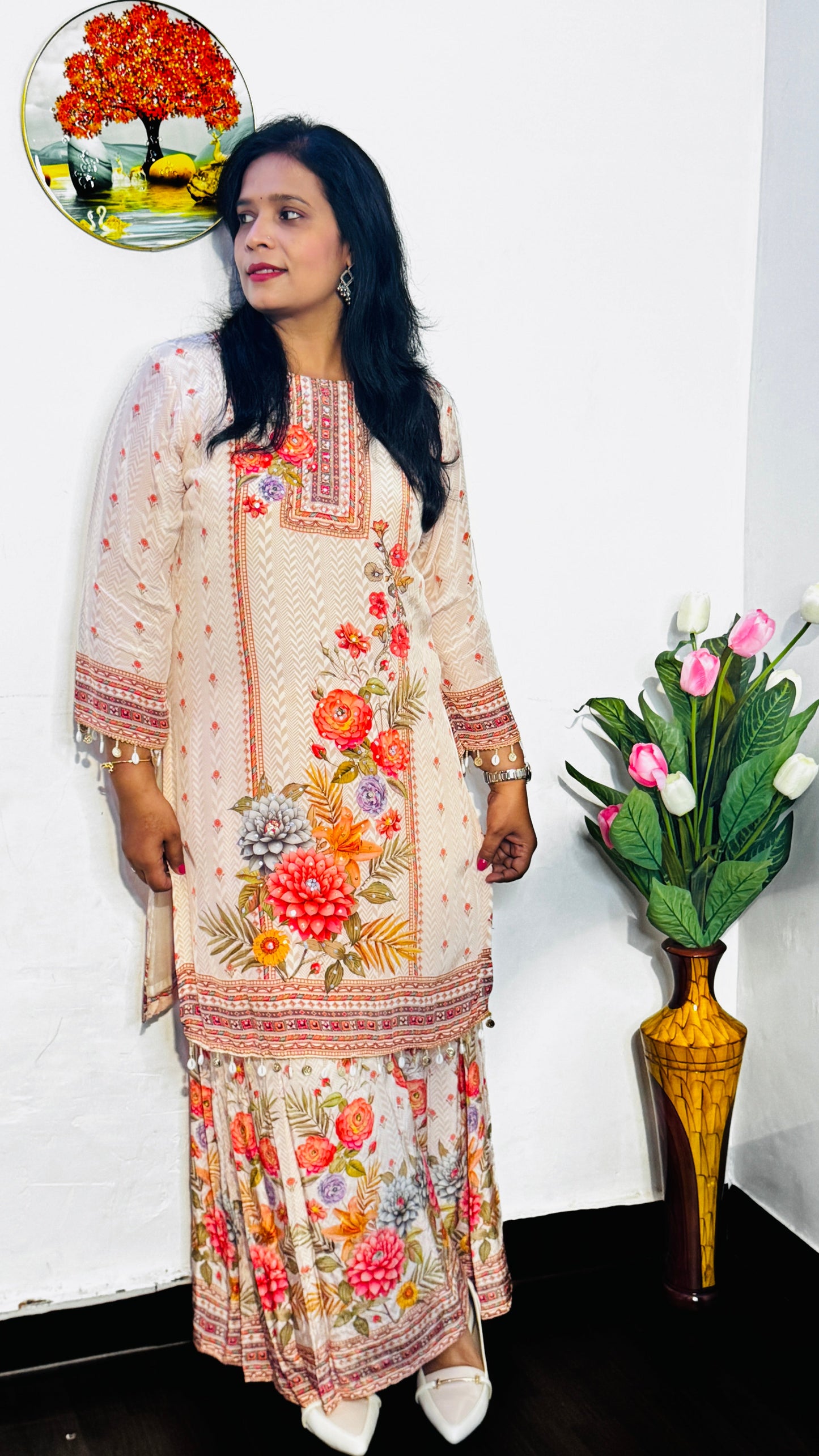 WARM IVORY BUTTER CREPE FLARRED PLAZZO SUIT SET