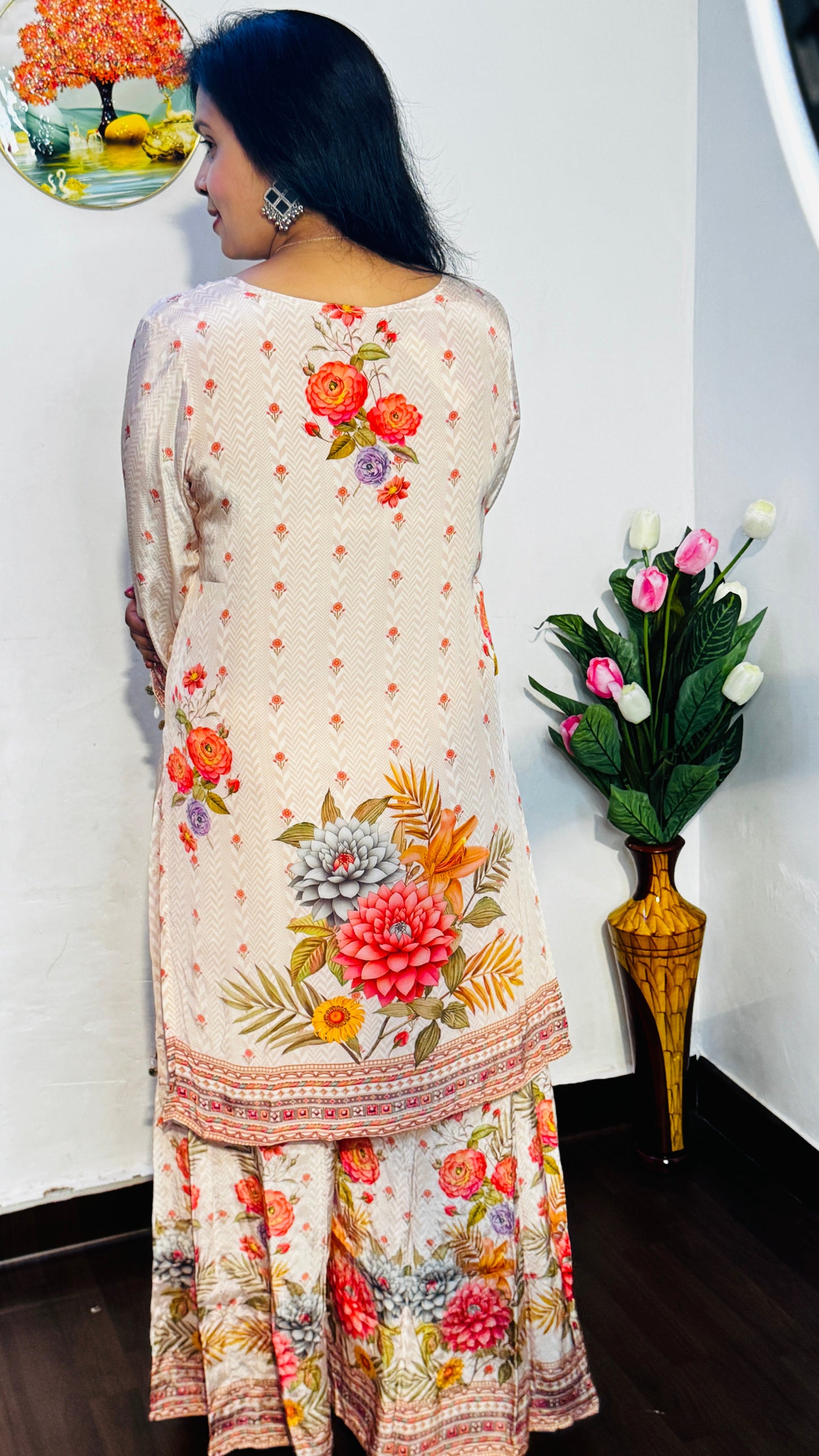 WARM IVORY BUTTER CREPE FLARRED PLAZZO SUIT SET