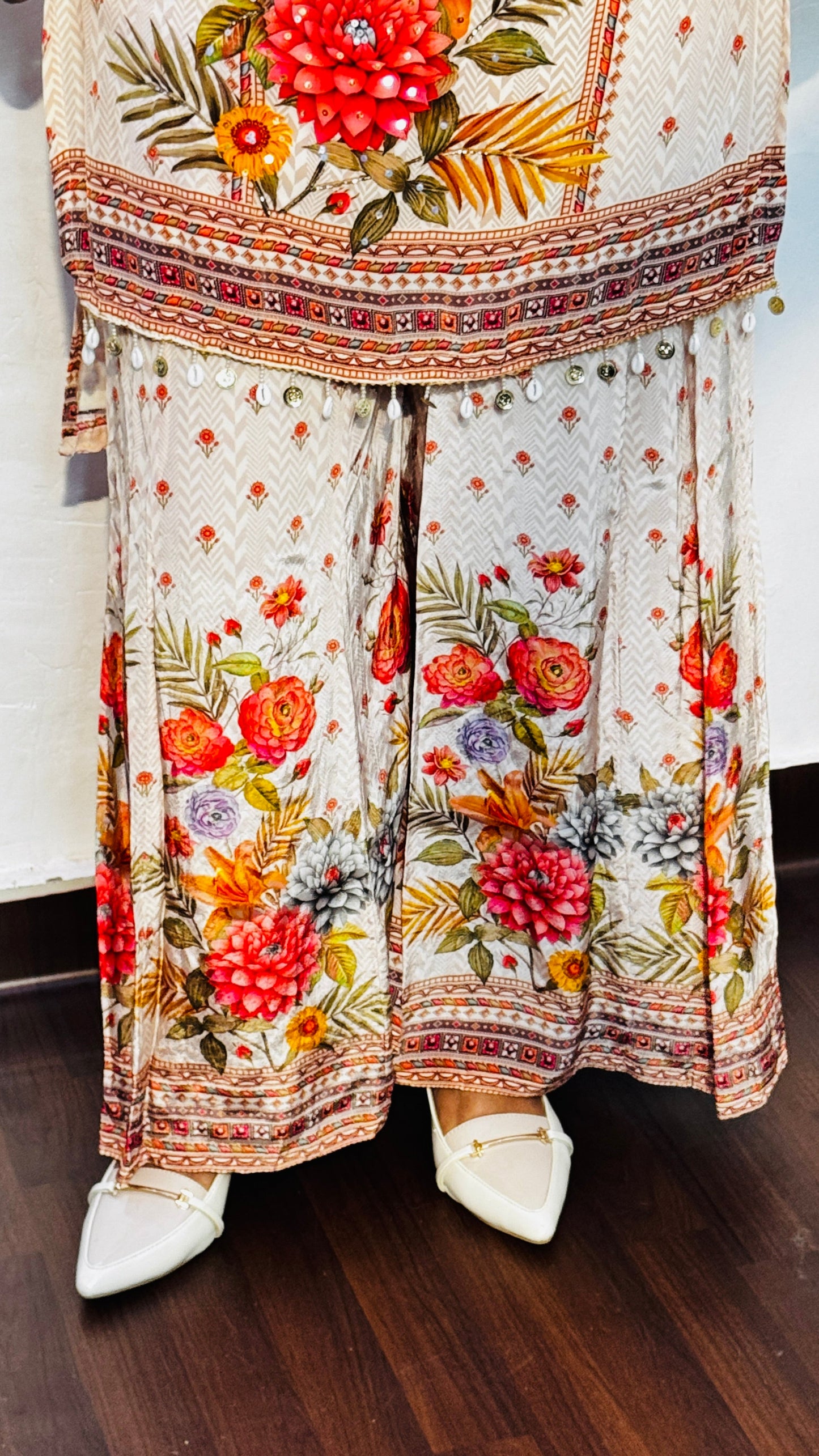 WARM IVORY BUTTER CREPE FLARRED PLAZZO SUIT SET