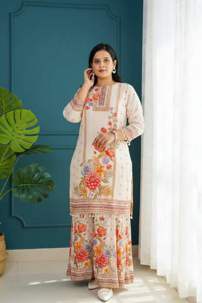 Warm Ivory Butter Crepe Flared Palazzo Suit Set