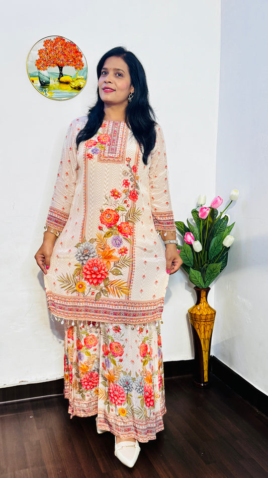 WARM IVORY BUTTER CREPE FLARRED PLAZZO SUIT SET