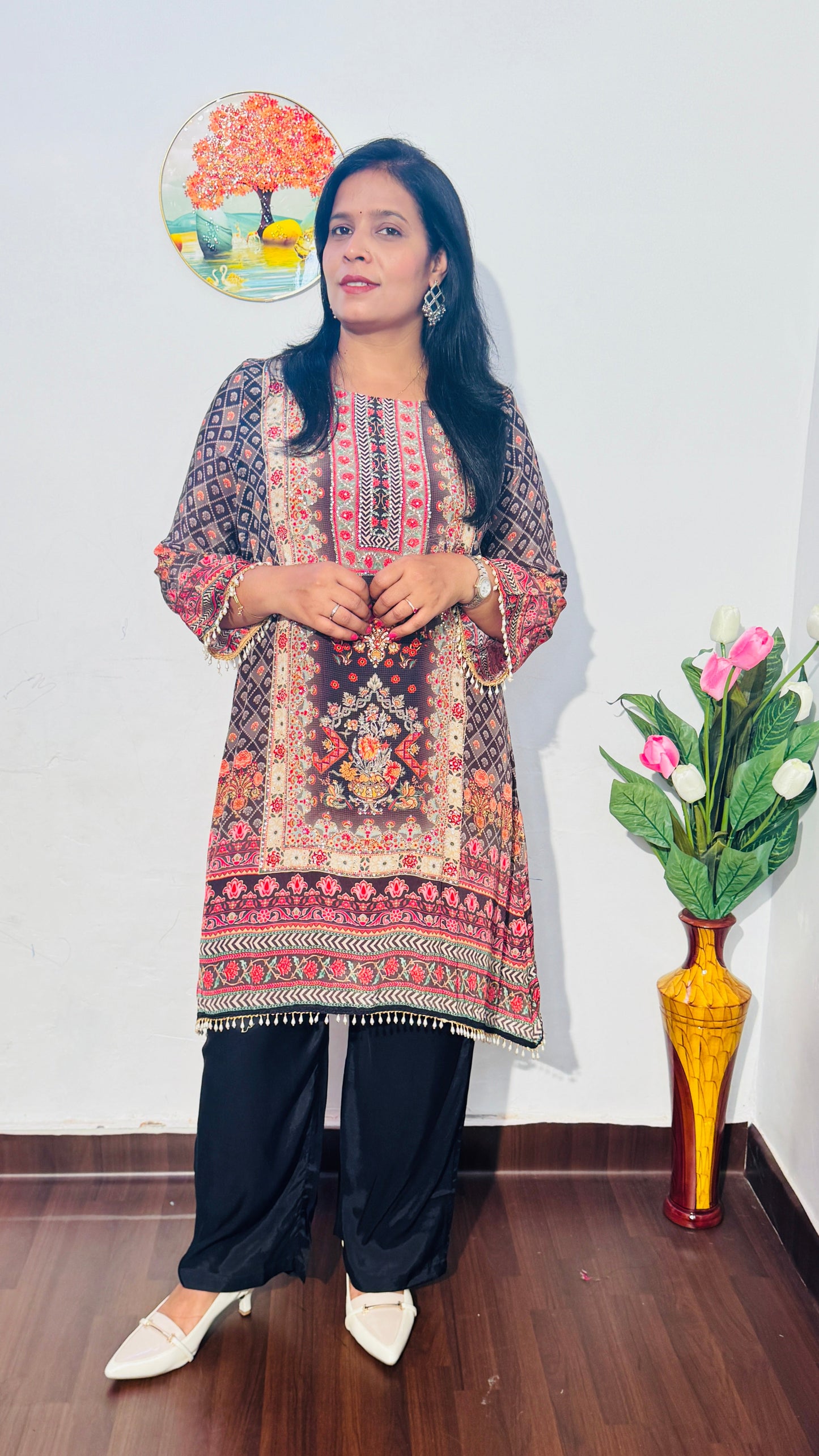 BLACK EMBROIDERED CREPE SILK  PALAZZO SUIT SET