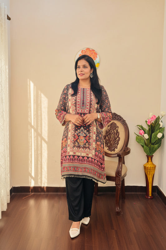 BLACK EMBROIDERED CREPE SILK  PALAZZO SUIT SET