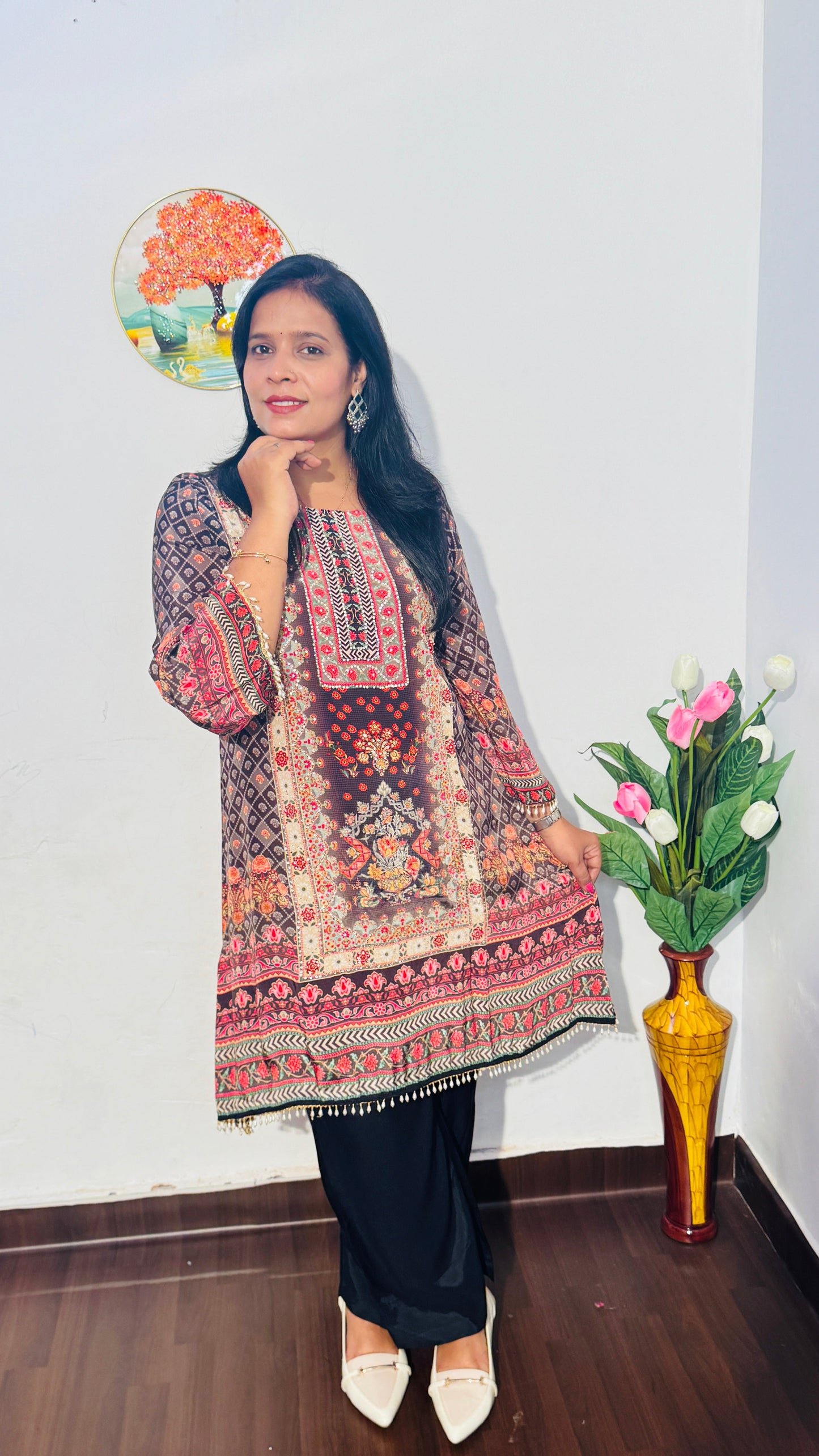 BLACK EMBROIDERED CREPE SILK  PALAZZO SUIT SET