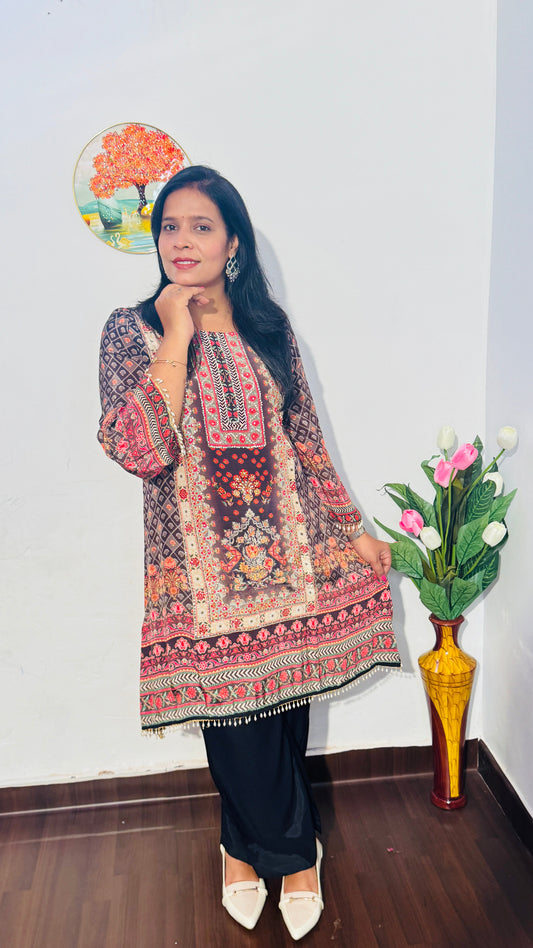 BLACK EMBROIDERED CREPE SILK  PALAZZO SUIT SET