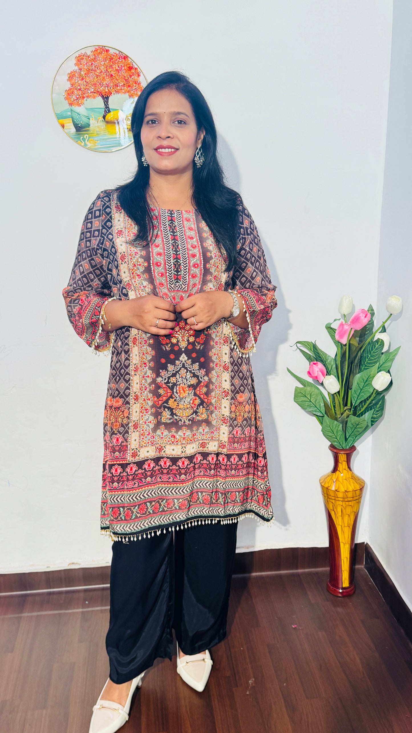 BLACK EMBROIDERED CREPE SILK  PALAZZO SUIT SET