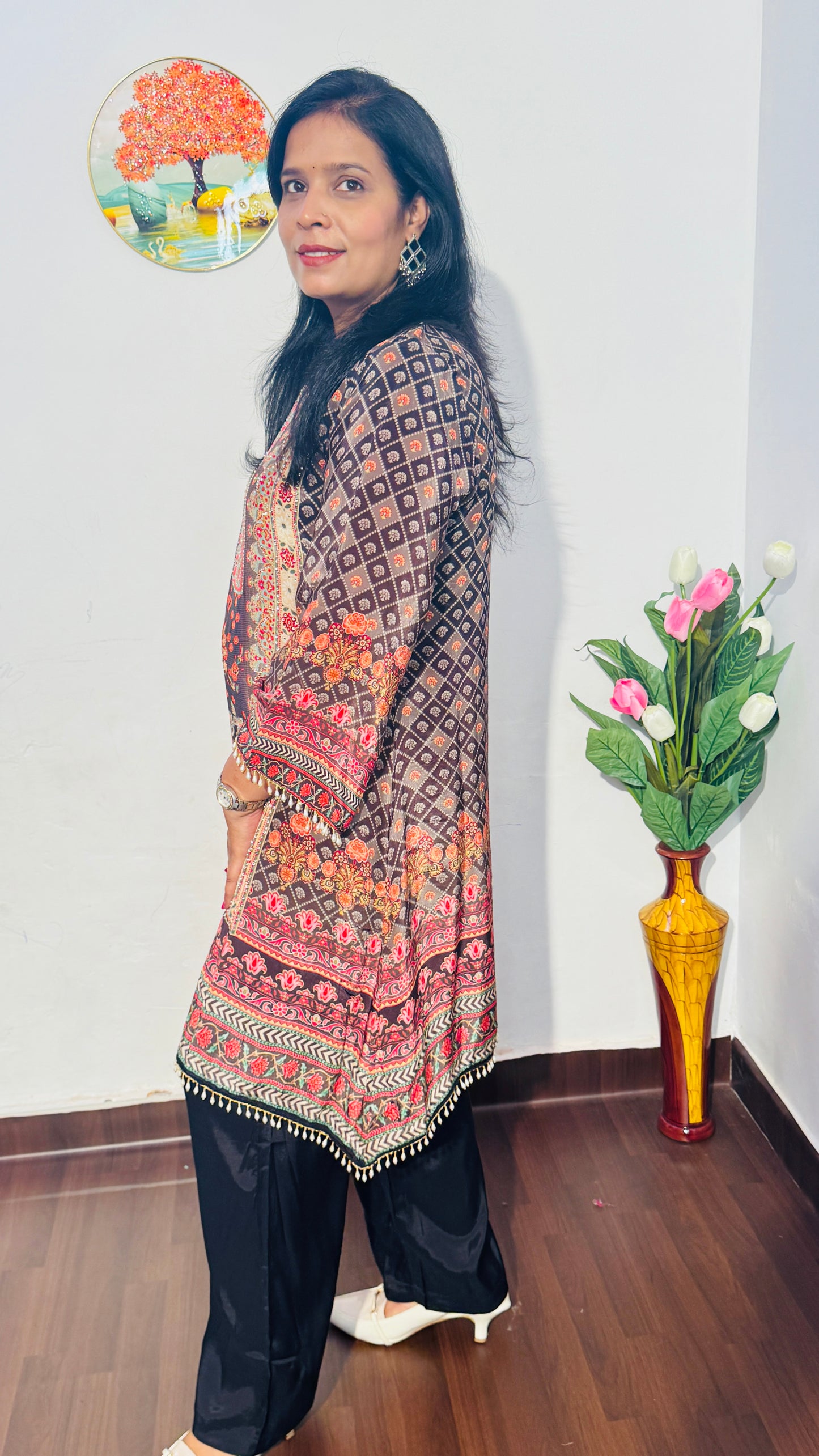 BLACK EMBROIDERED CREPE SILK  PALAZZO SUIT SET