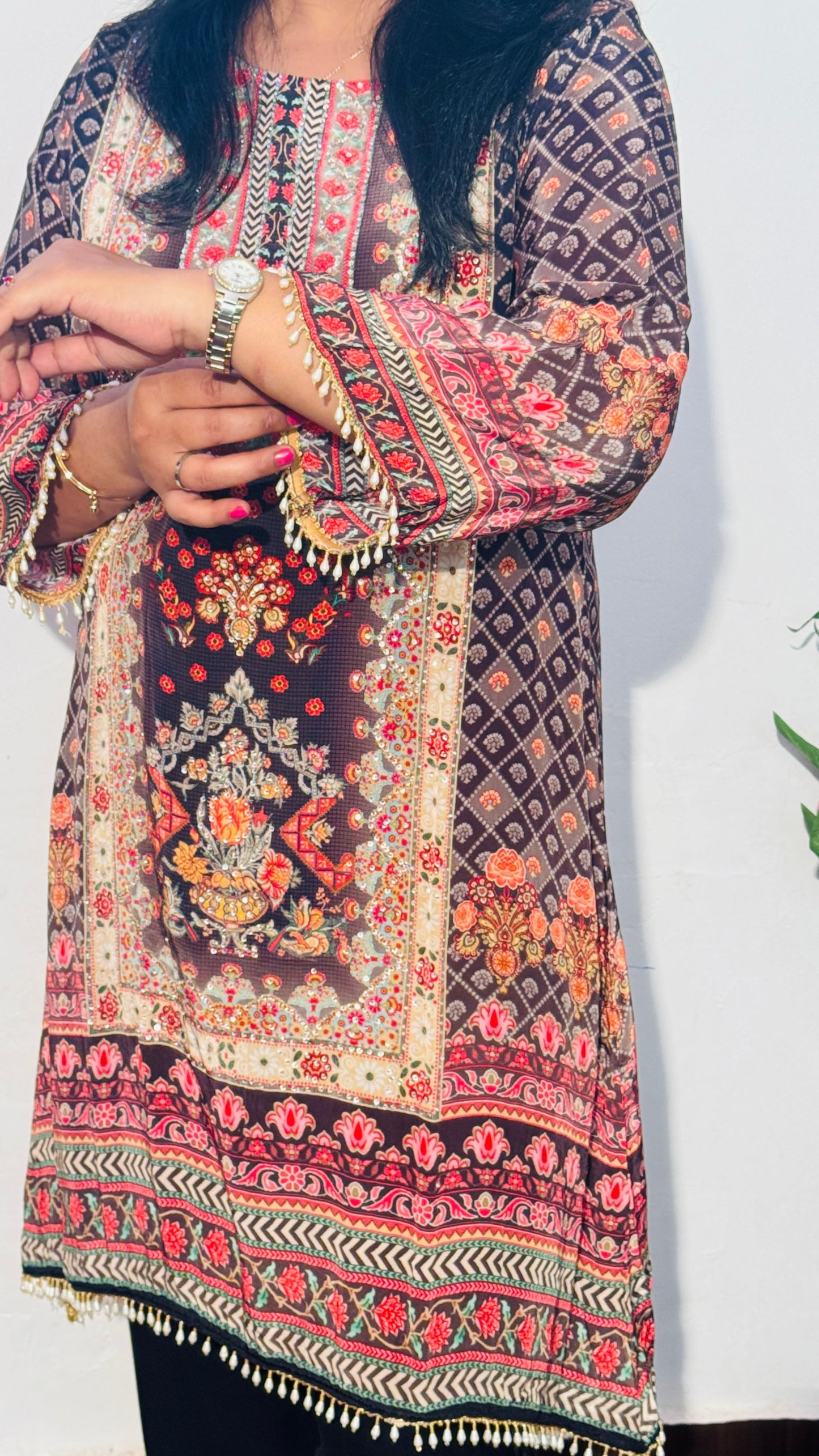 BLACK EMBROIDERED CREPE SILK  PALAZZO SUIT SET