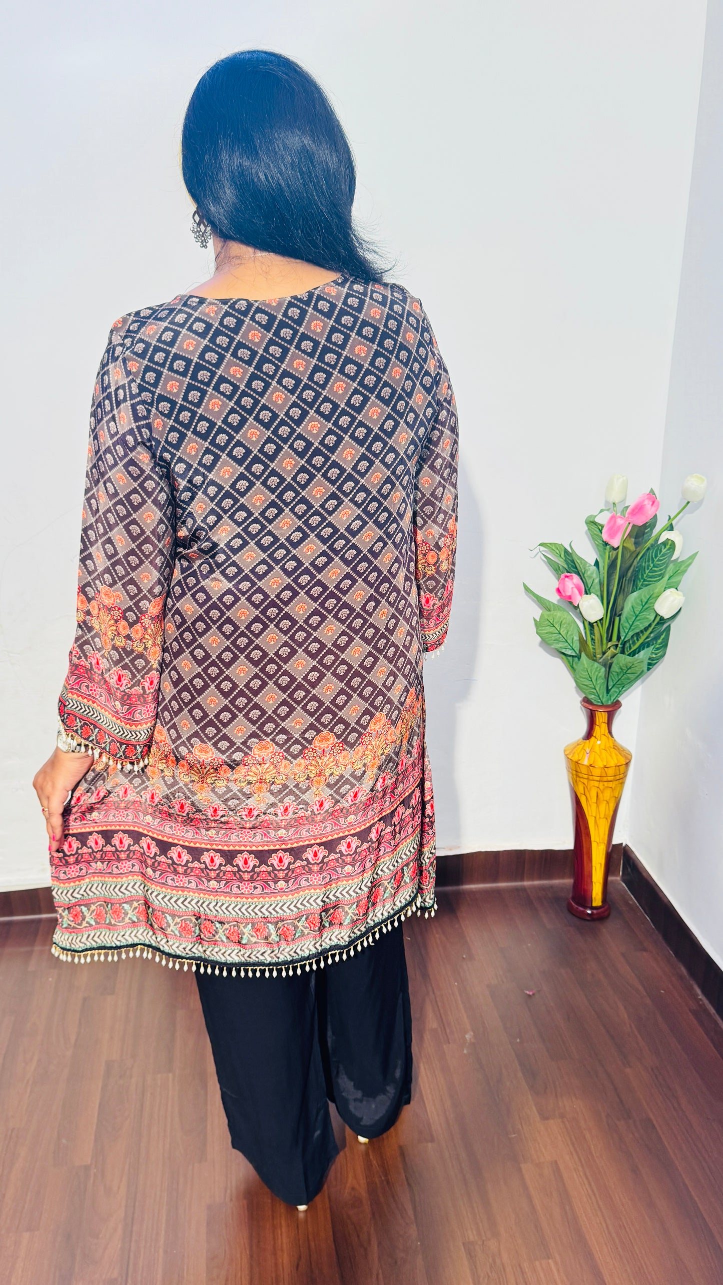 BLACK EMBROIDERED CREPE SILK  PALAZZO SUIT SET