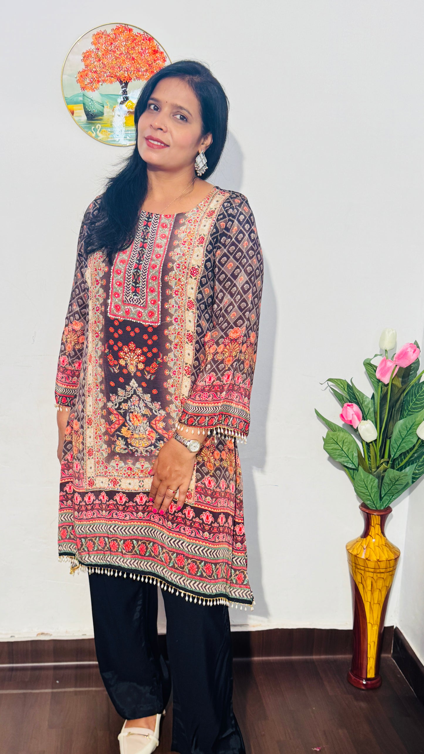 BLACK EMBROIDERED CREPE SILK  PALAZZO SUIT SET