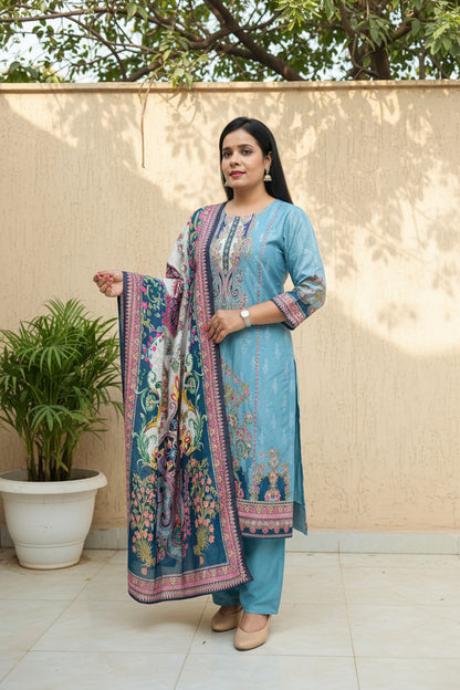 Sky Blue Mirror Embroidered Muslin Suit Set