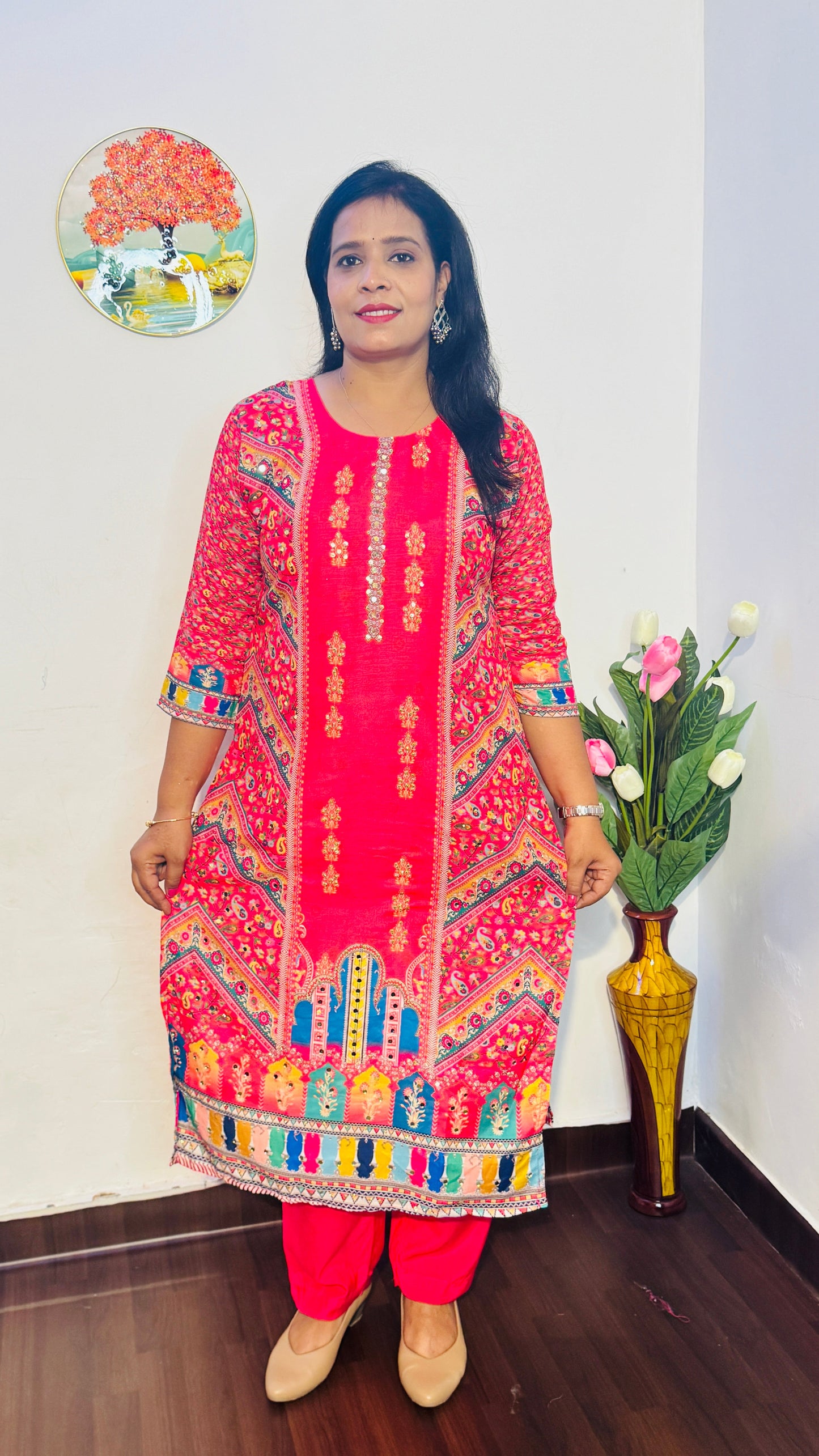 BHAVYA BRIGHT PINK CHINON  SUIT SET