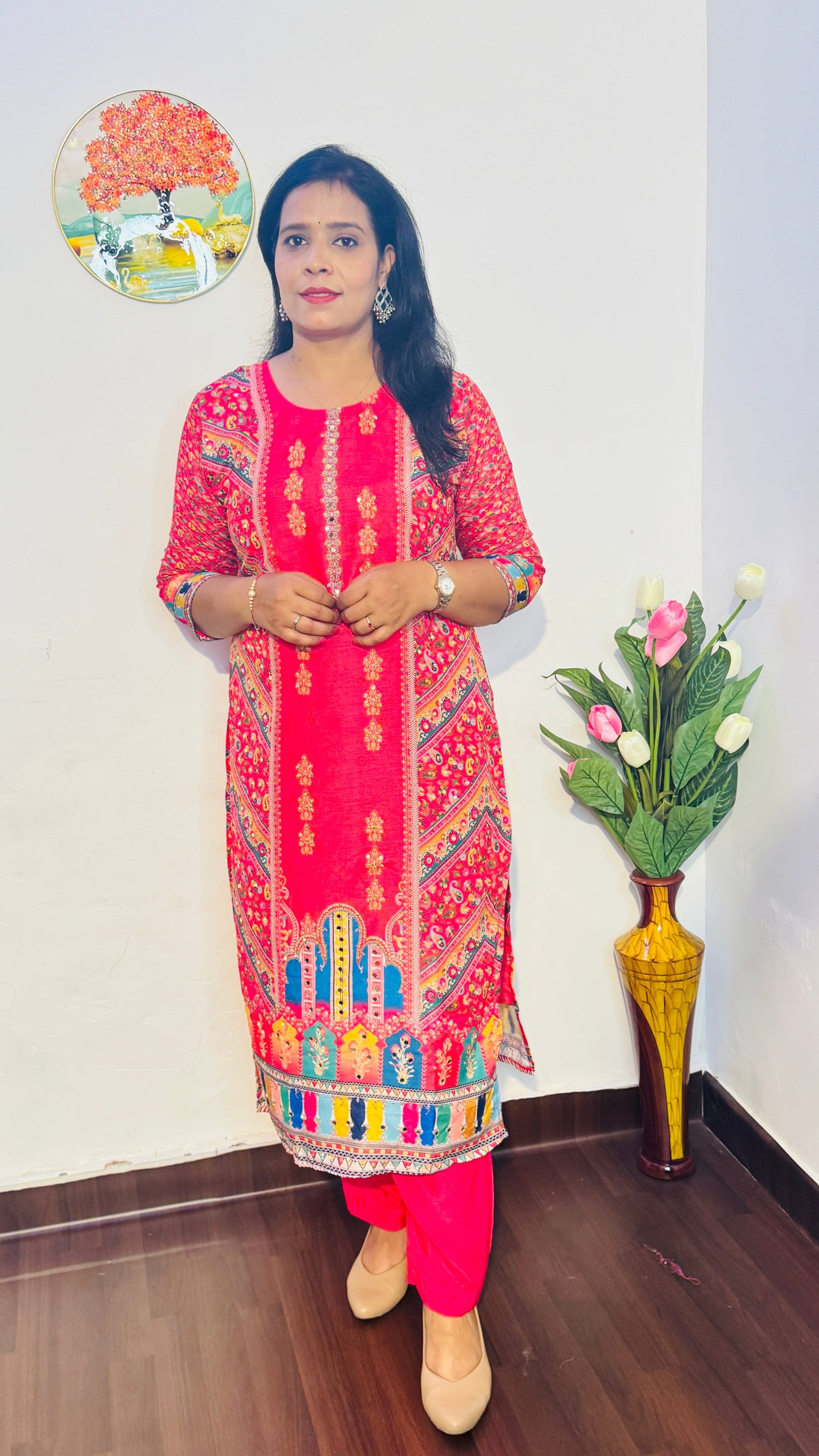 BHAVYA BRIGHT PINK CHINON  SUIT SET