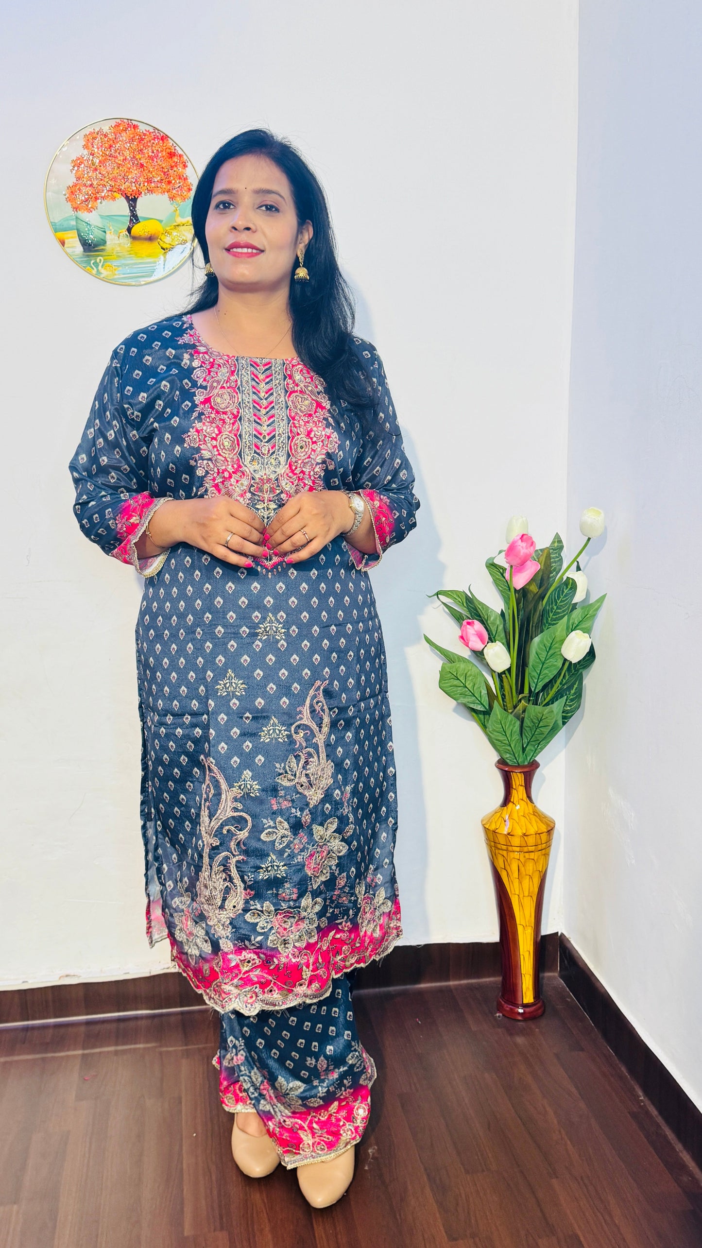 GEORGETTE GREY  BANDHANI MIRROR WORK PLAZZO SUIT SET