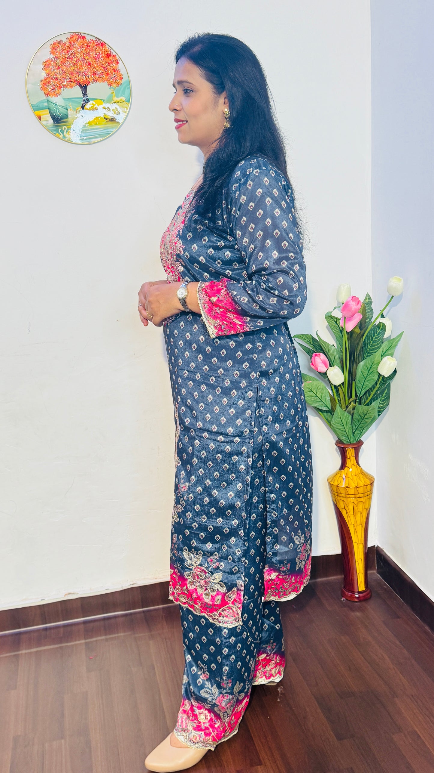 GEORGETTE GREY  BANDHANI MIRROR WORK PLAZZO SUIT SET