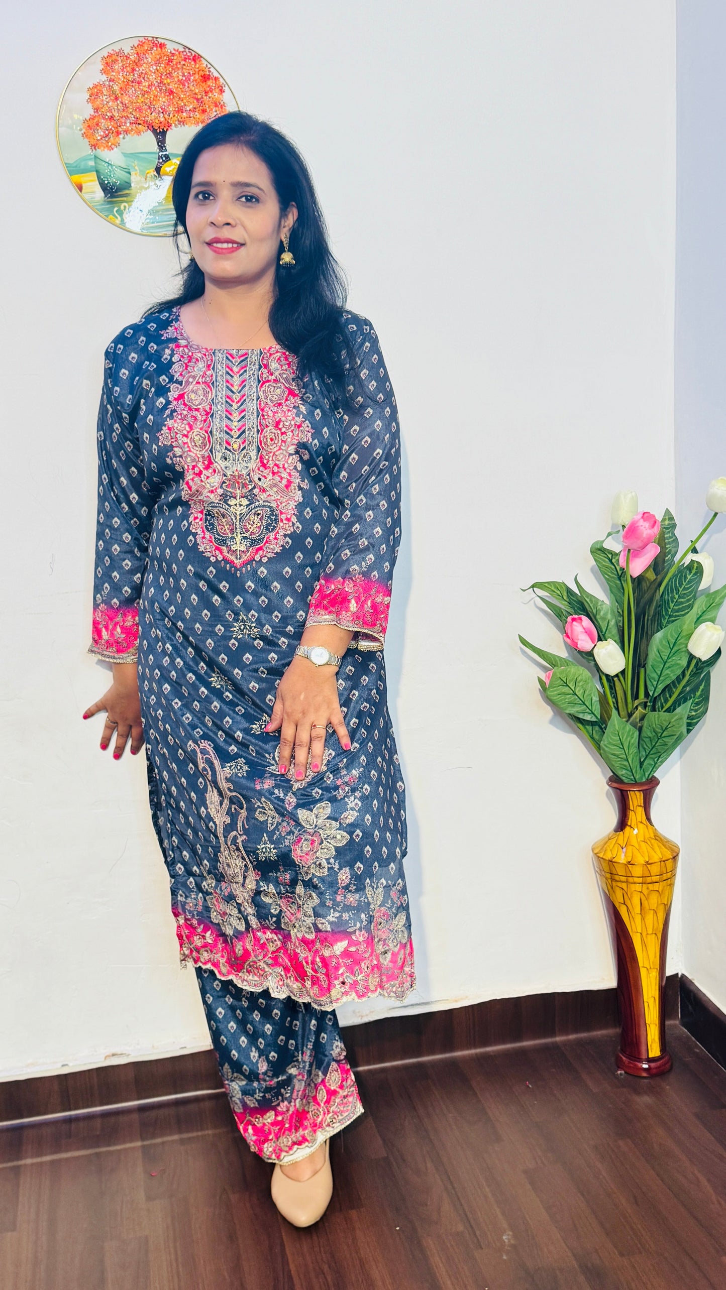 GEORGETTE GREY  BANDHANI MIRROR WORK PLAZZO SUIT SET