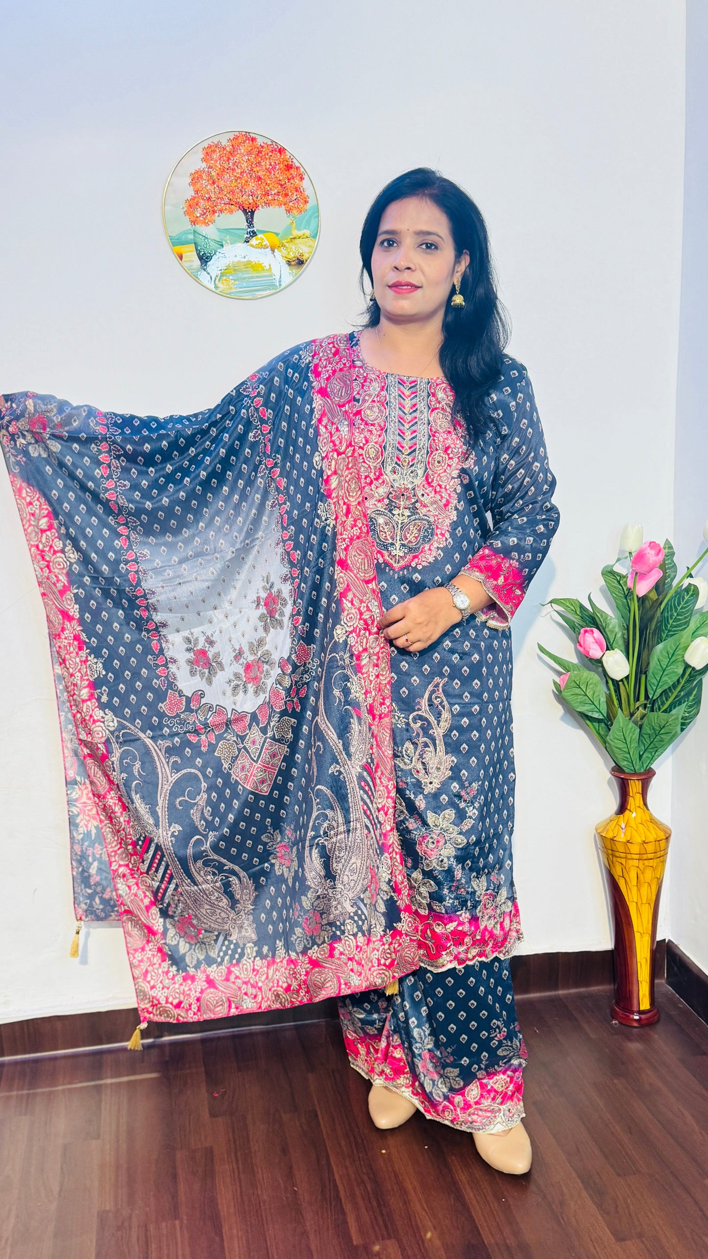 GEORGETTE GREY  BANDHANI MIRROR WORK PLAZZO SUIT SET