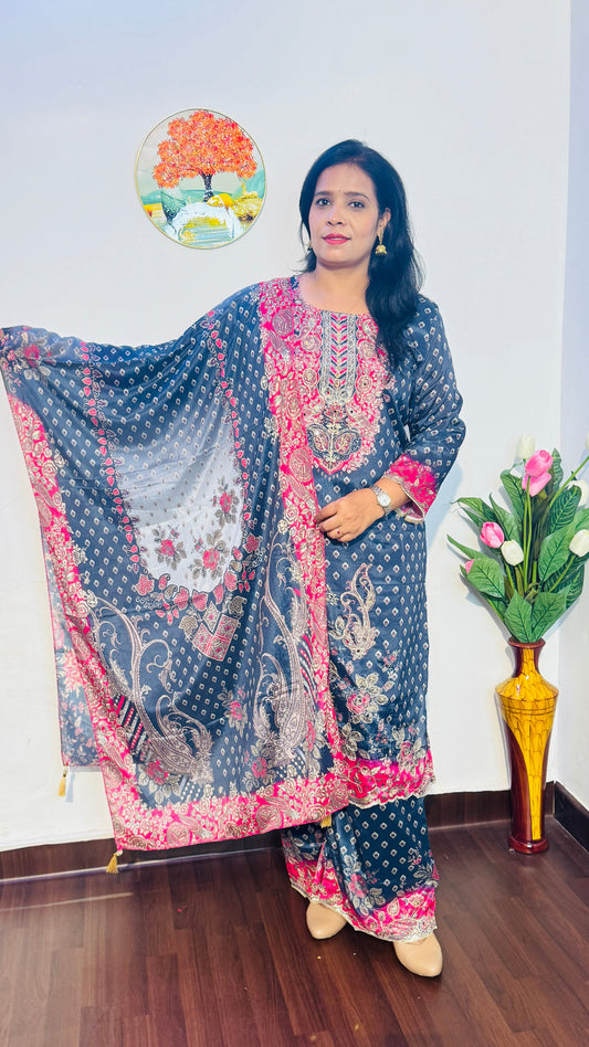 GEORGETTE GREY  BANDHANI MIRROR WORK PLAZZO SUIT SET