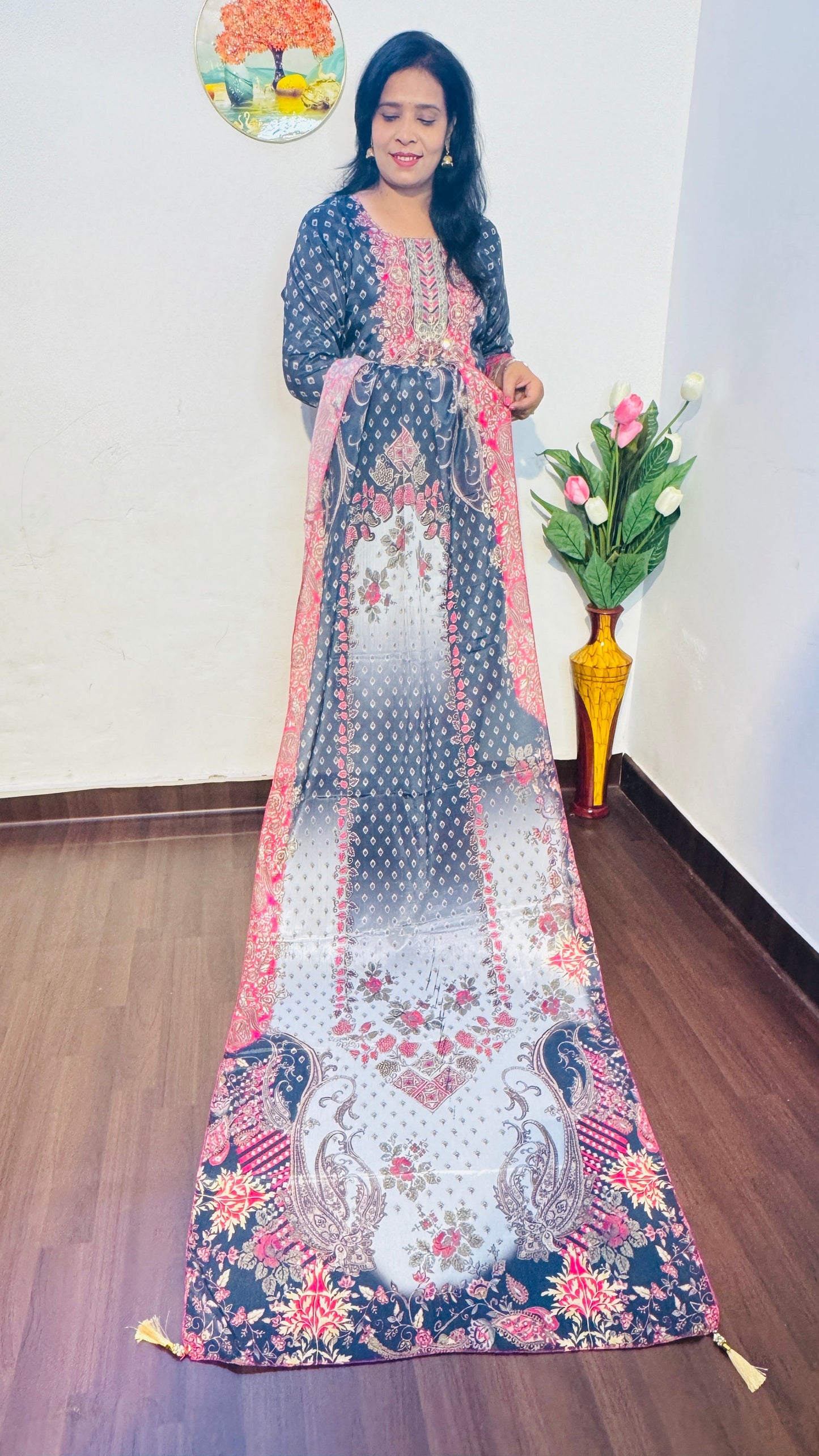 GEORGETTE GREY  BANDHANI MIRROR WORK PLAZZO SUIT SET