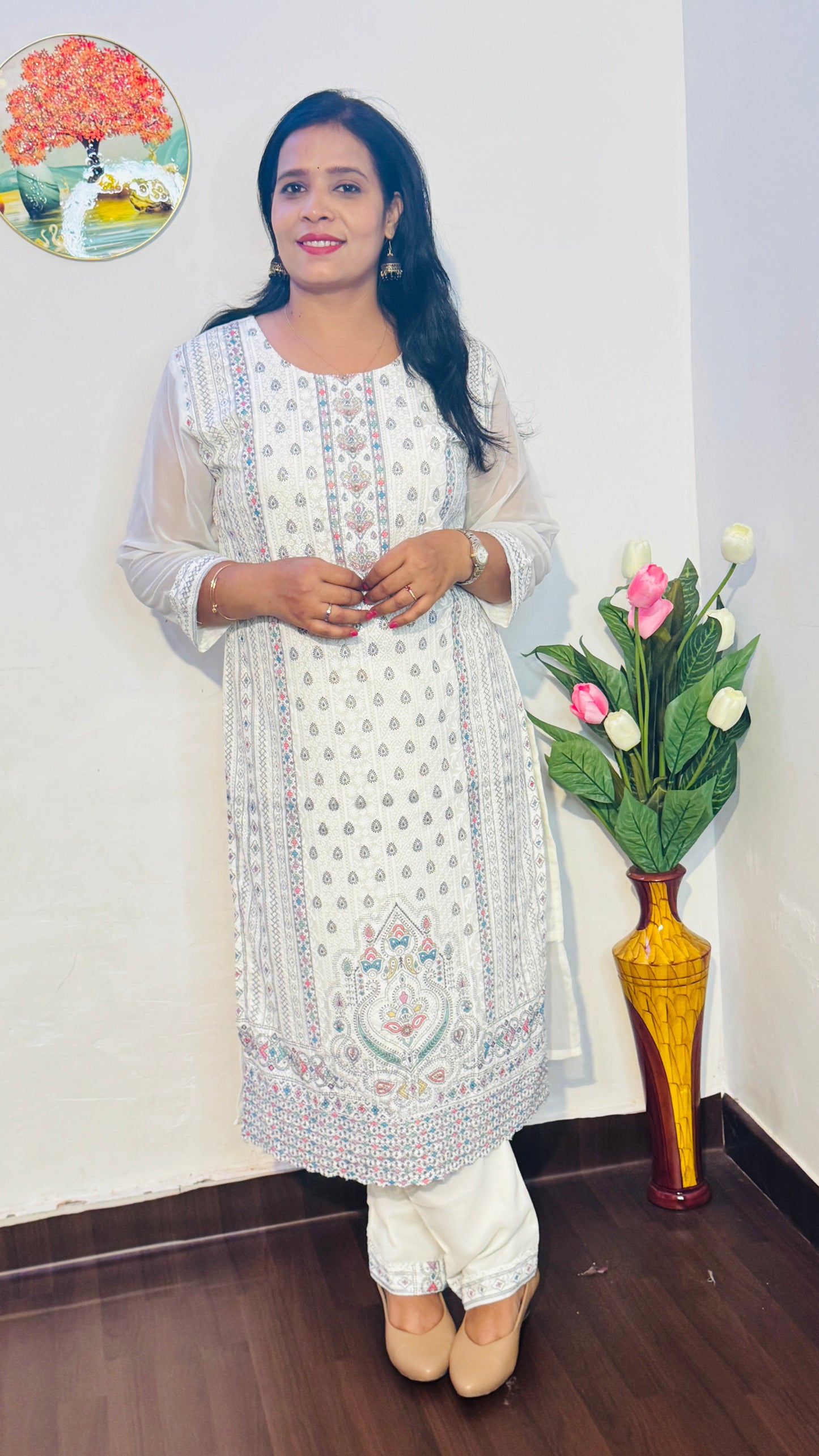 WHITE FULL EMBROIDERED CHINON SUIT SET