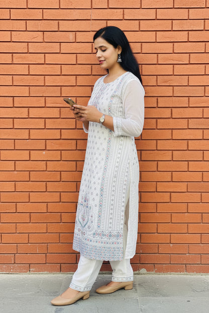 White Fully Embroidered Chinon Suit Set