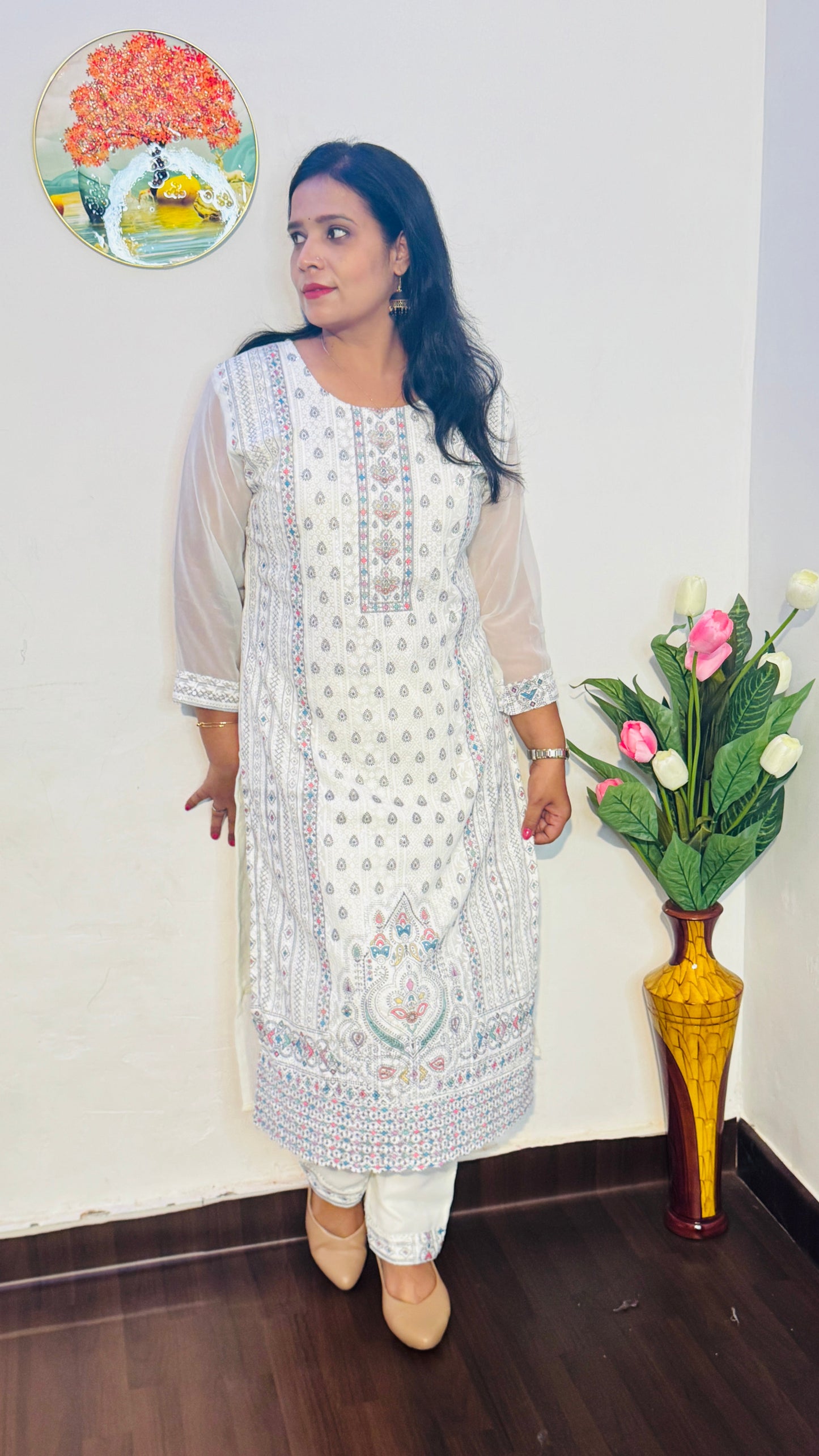 WHITE FULL EMBROIDERED CHINON SUIT SET