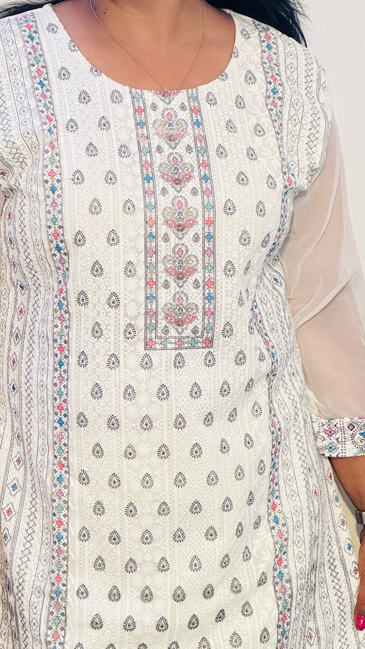 WHITE FULL EMBROIDERED CHINON SUIT SET