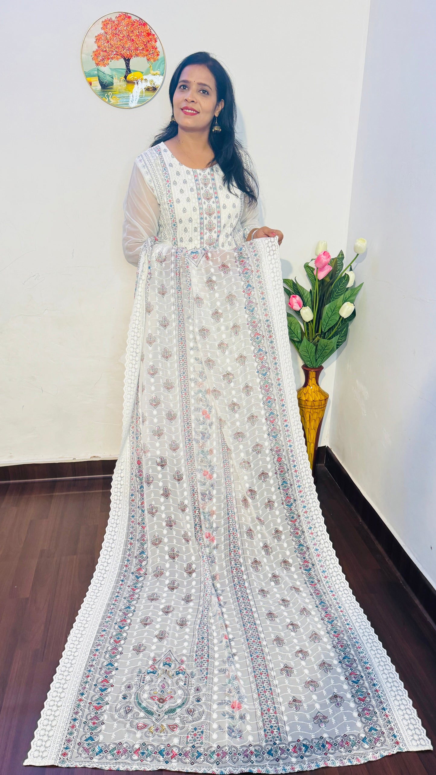 WHITE FULL EMBROIDERED CHINON SUIT SET